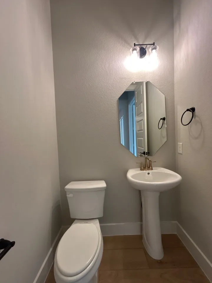 Pedestal sink with gold-tone faucet, hexagonal mirror, and wood-finish flooring