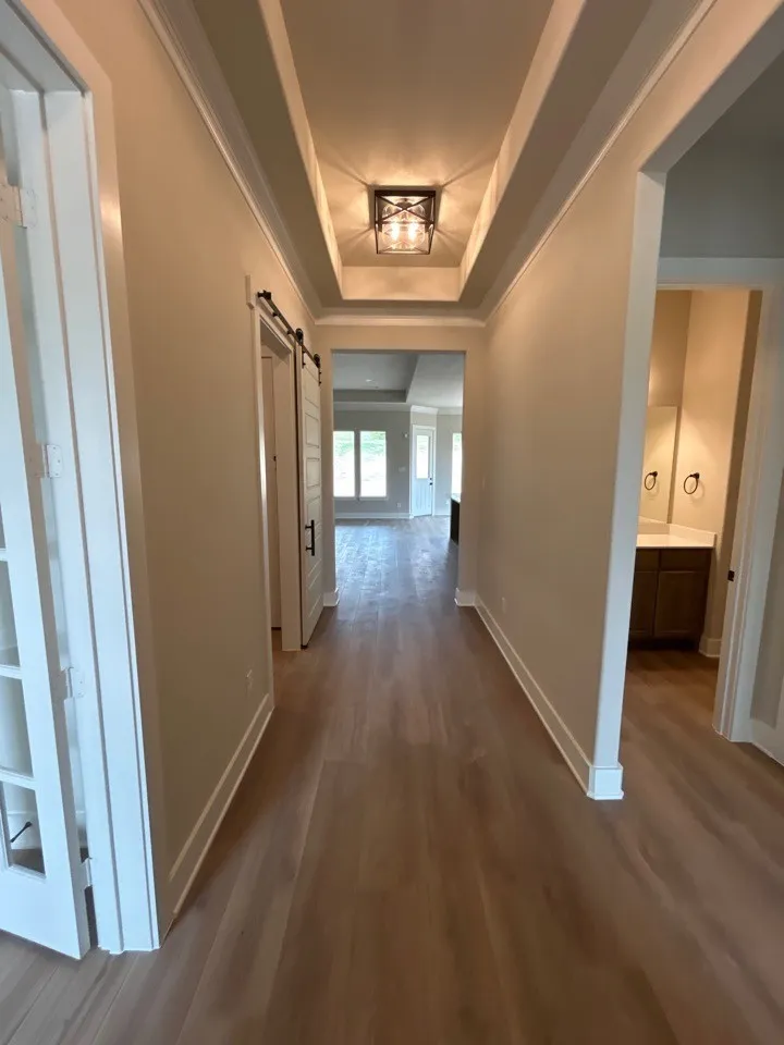 Tray ceiling with crown molding and a central light fixture