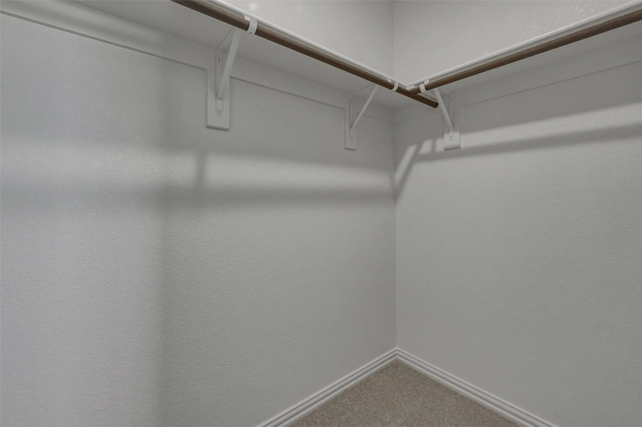 Built-in hanging rods, white wall finishes, light-colored carpet, and white trim