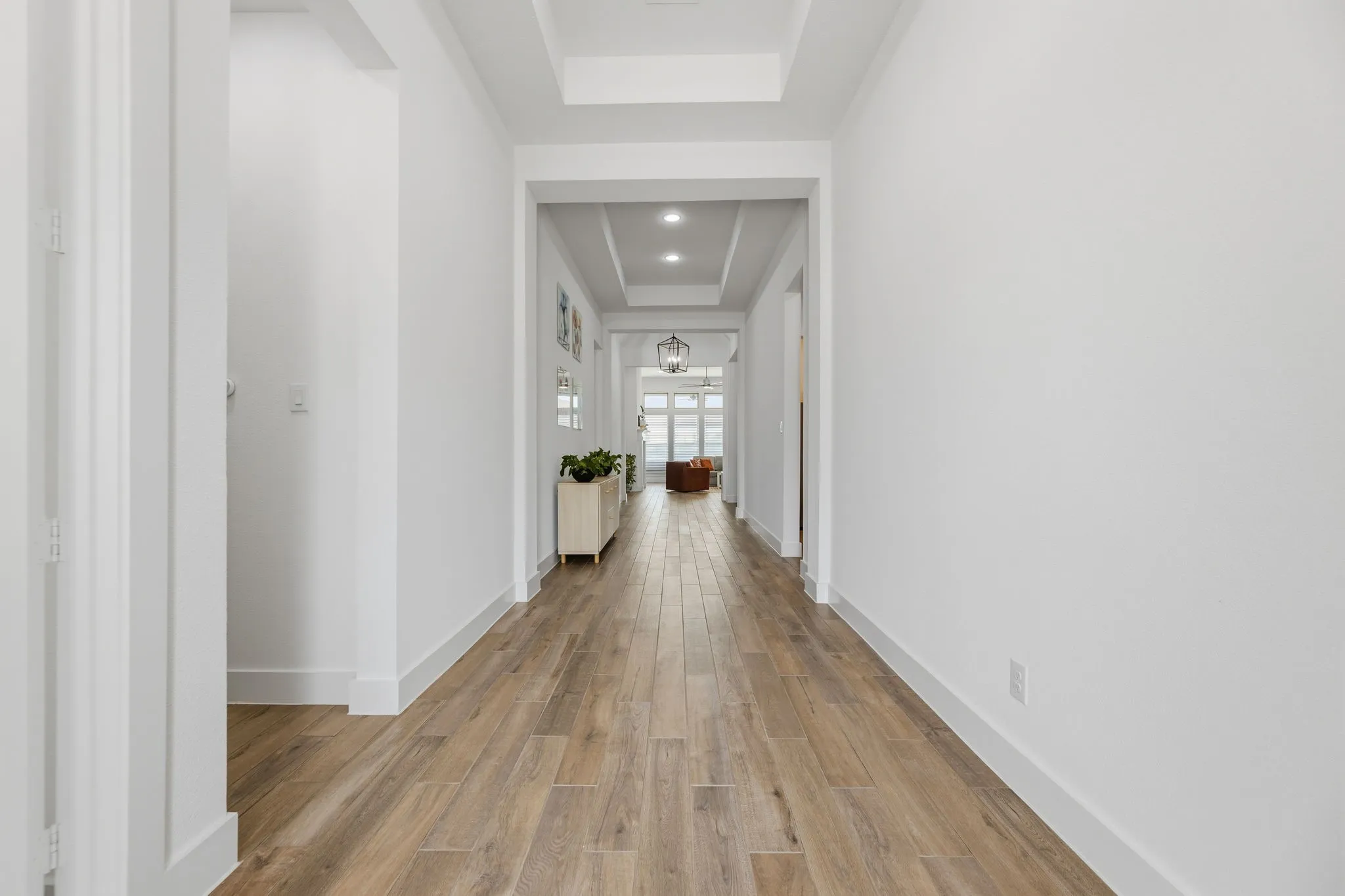Elongated hallway with wood-look plank flooring