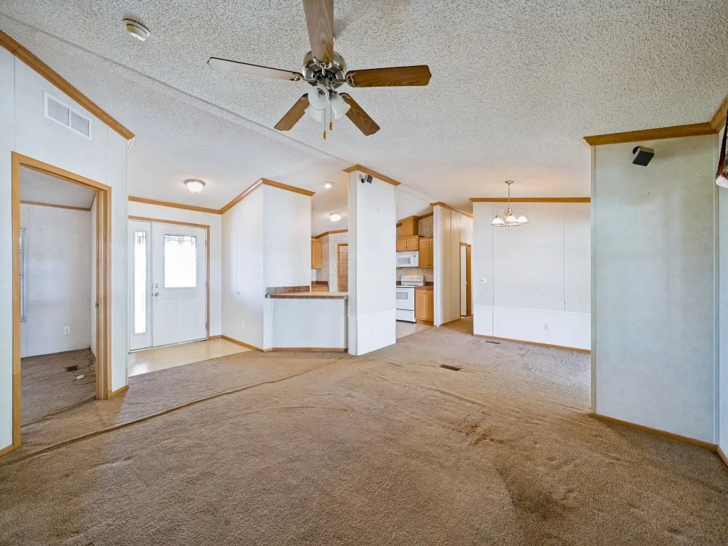 Carpeted main living area featuring a ceiling fan with light