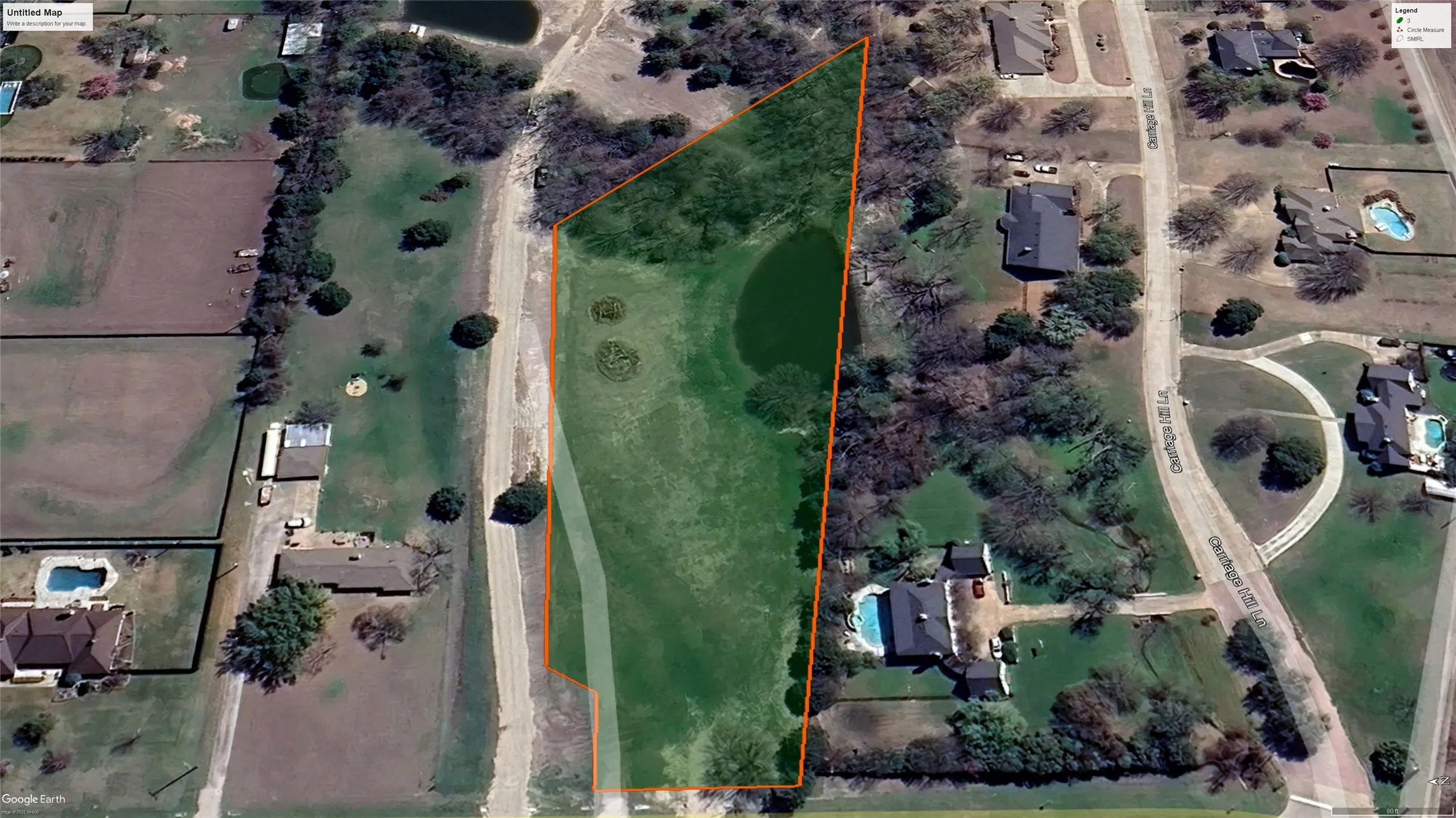 Aerial view of property and surrounding area with property parcel outlined