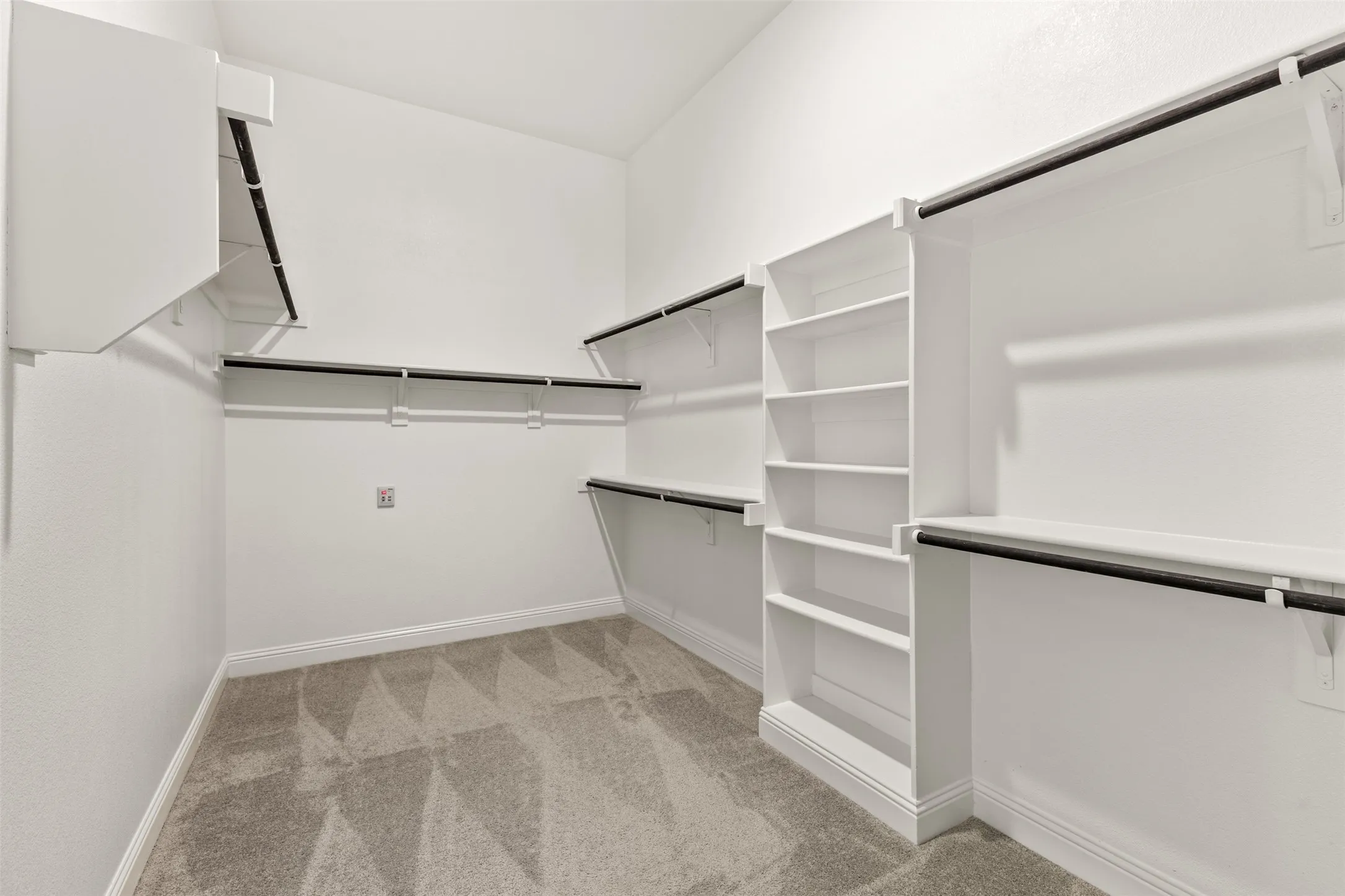 Walk-in closet featuring built-in shelving, multiple hanging rods, and light-toned carpet flooring
