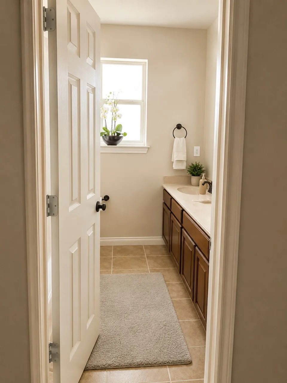 Bathroom featuring a vanity with dark wood-finish cabinetry, a light-colored countertop, and an integrated sink