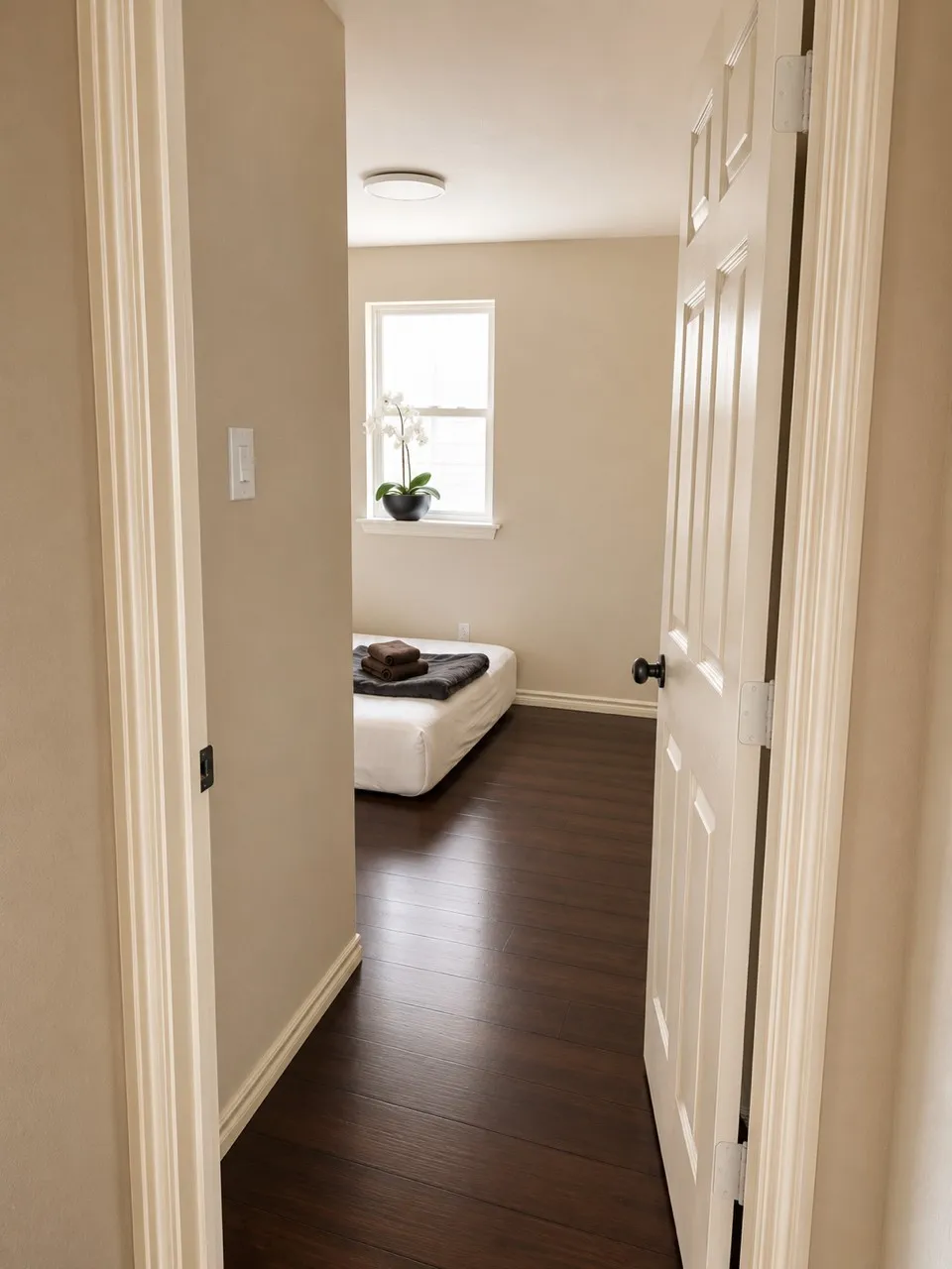 Interior room featuring dark wood-finish flooring, light-colored wall paint, white baseboards, a single window, and a flush-mount ceiling light fixture