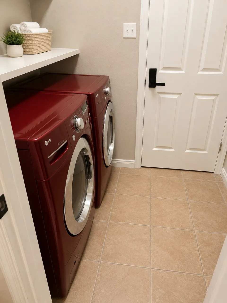 Dedicated laundry space featuring a white built-in shelf, neutral wall color, and light-toned tile flooring