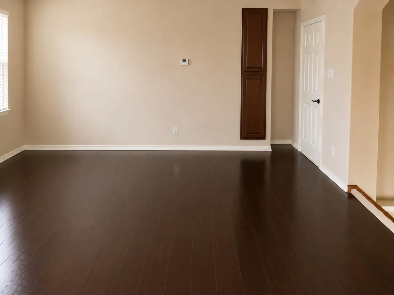 Rich, dark wood-finish flooring throughout the space