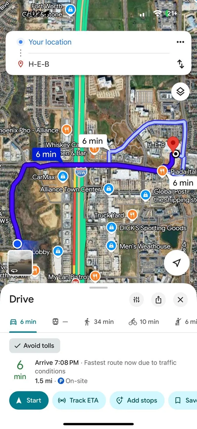 Digital Map Interface. Displaying a route from a specified origin to a destination with travel time and distance metrics