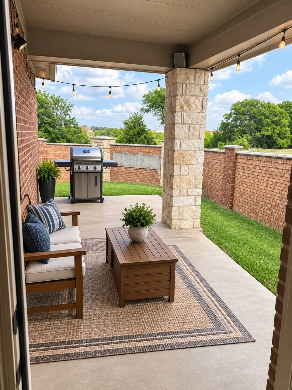 Covered patio featuring a stone-clad pillar, string lighting, and concrete flooring