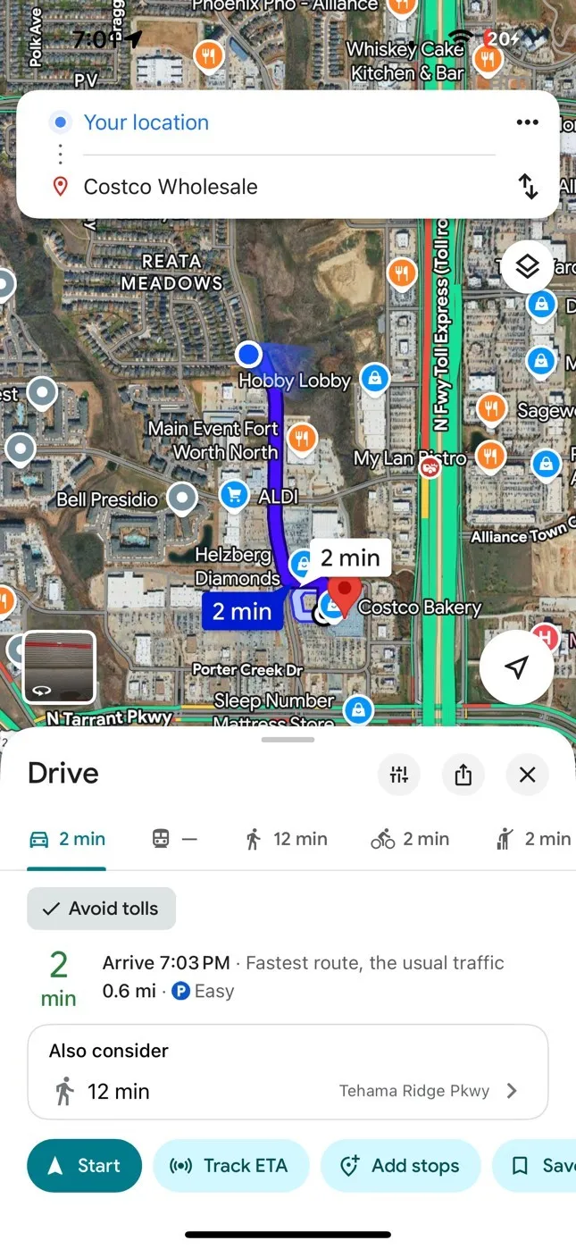 Navigation Application. Displaying route information from a specified origin to a destination