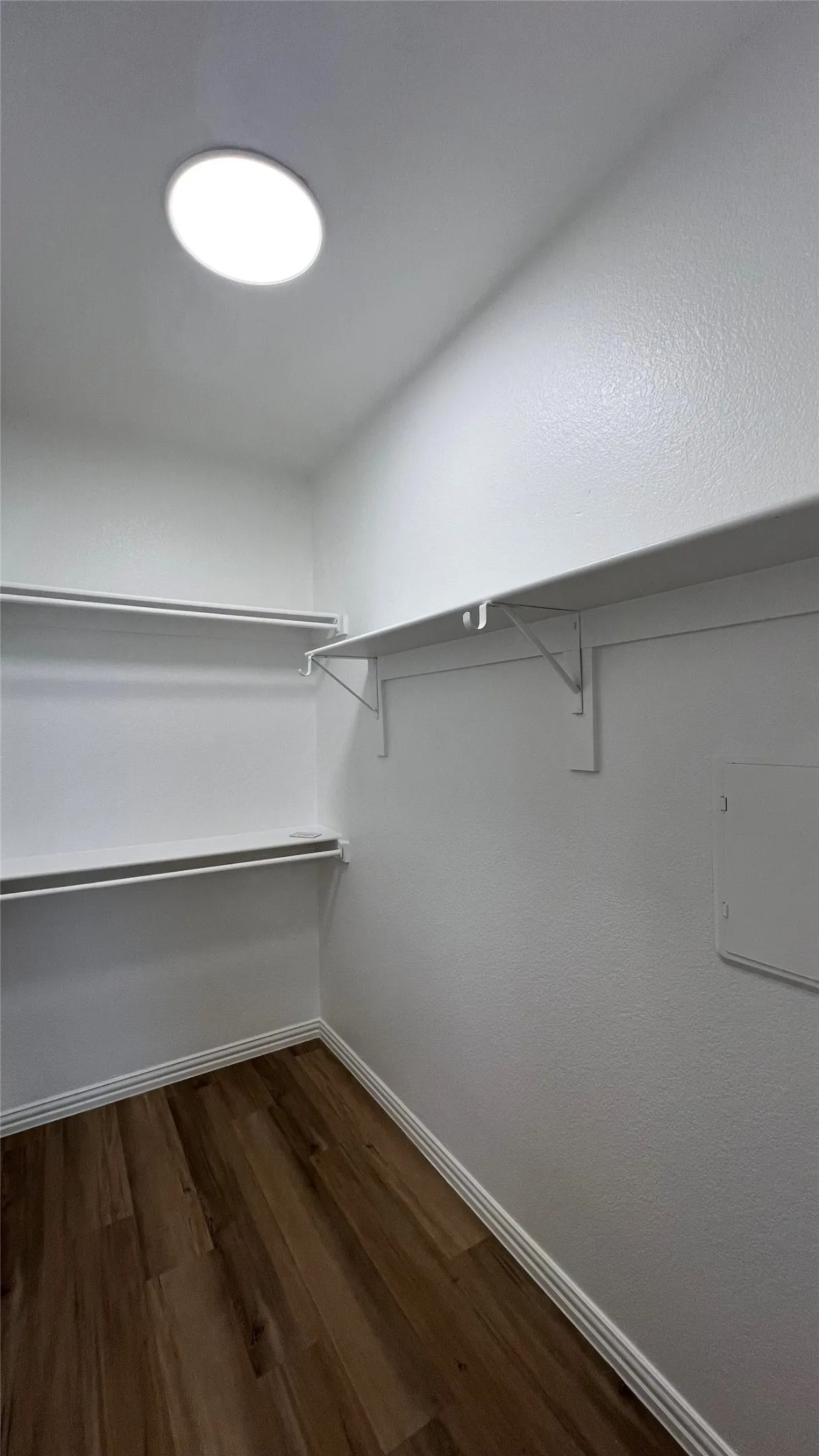 Interior storage space featuring wood-finish flooring, white baseboards, white walls, built-in shelving, and a ceiling light fixture