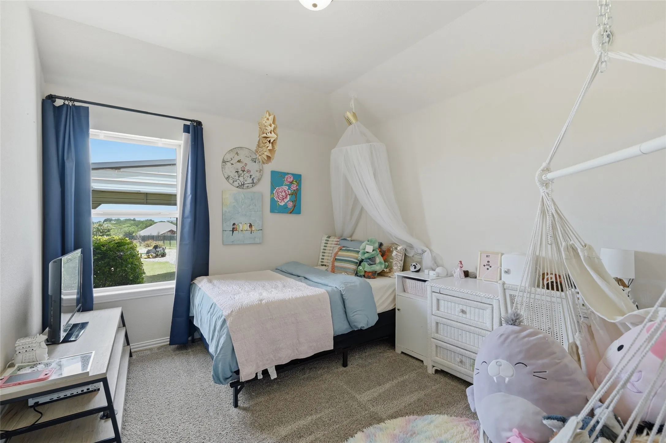 Carpeted room with a window featuring a white frame