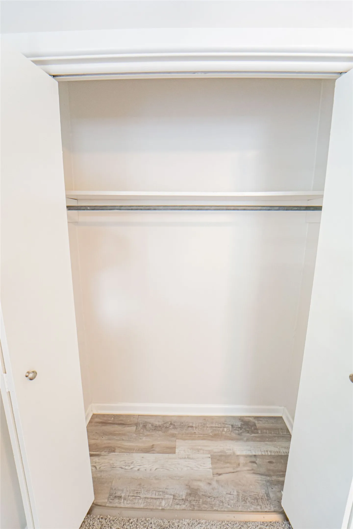 Closet space featuring wood-finish flooring, a white shelf, and a metal hanging rod