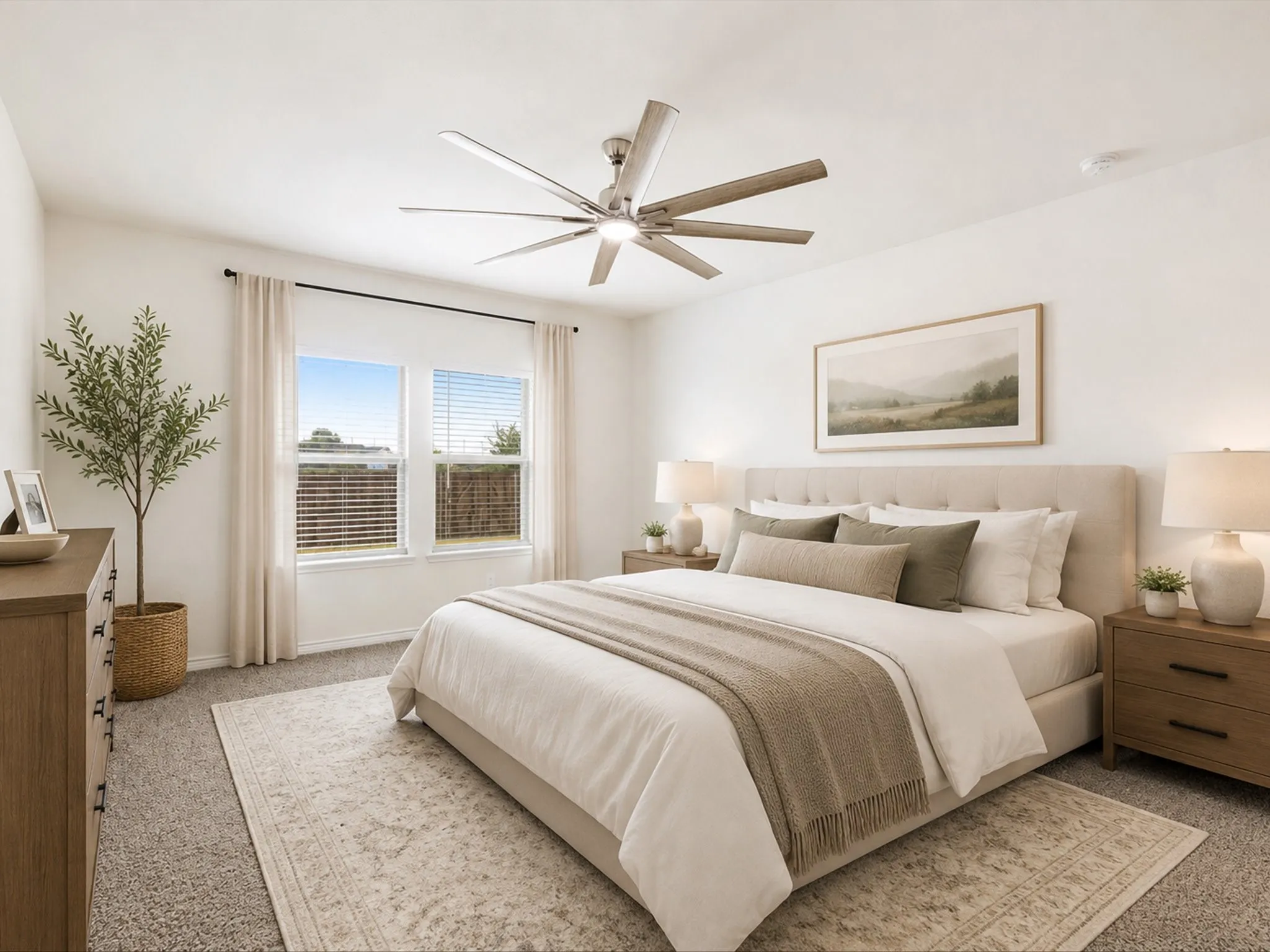 Spacious primary bedroom with abundant natural light. Virtually Staged