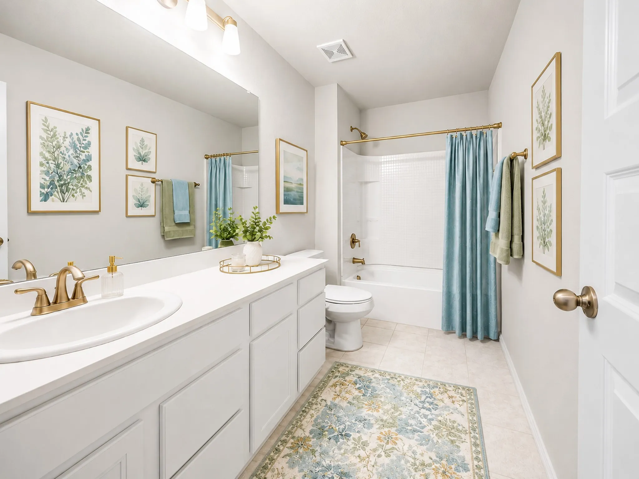 Bright secondary bath features clean neutral finishes, vanity storage, and easy guest access.