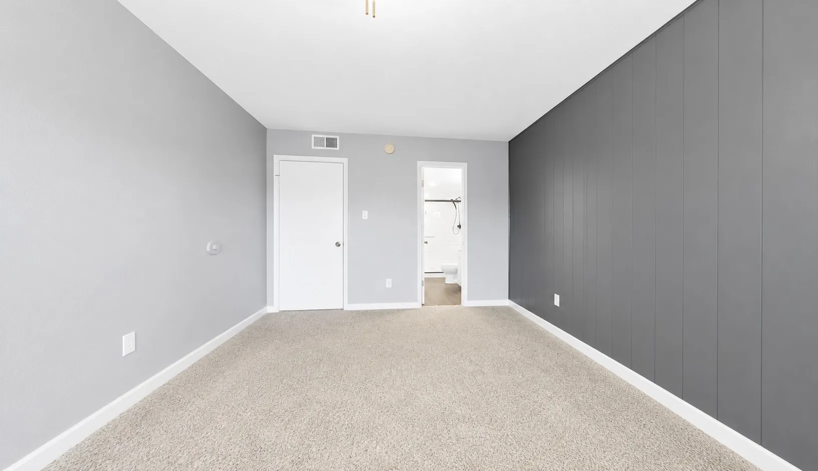 Carpeted room featuring light gray walls, a contrasting dark gray accent wall with vertical paneling, and white trim
