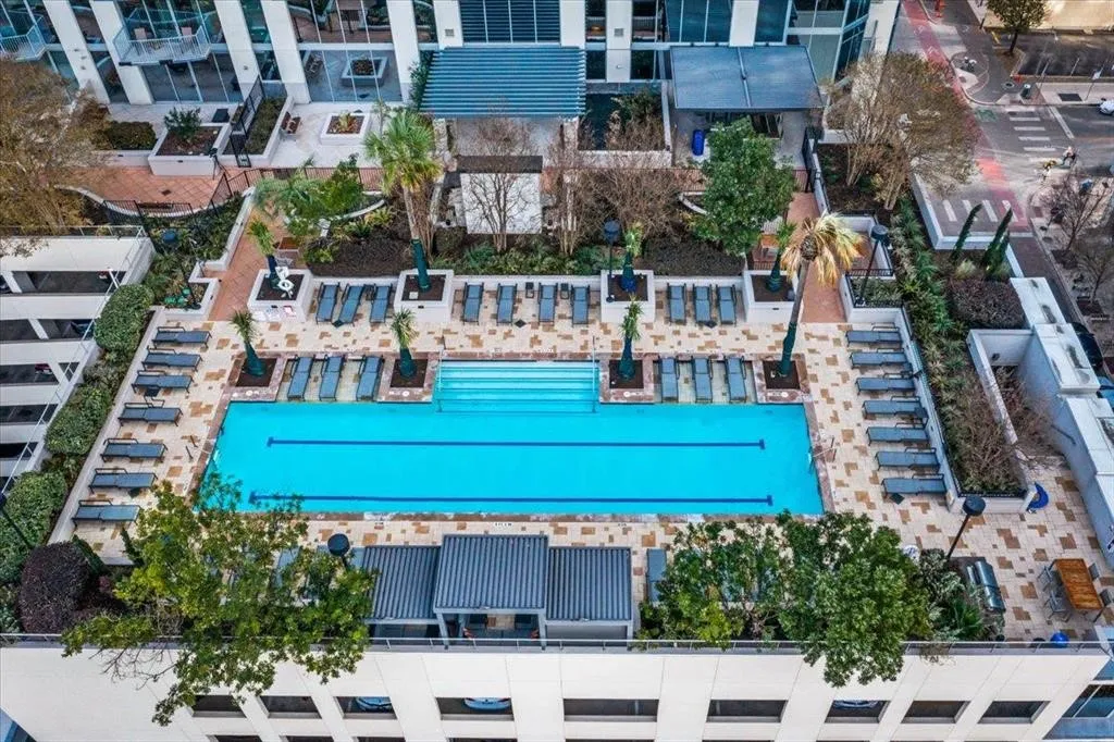 Rooftop amenity deck featuring a lap pool with integrated steps, surrounding lounge chairs, various planters with mature foliage, and paving stone surfacing