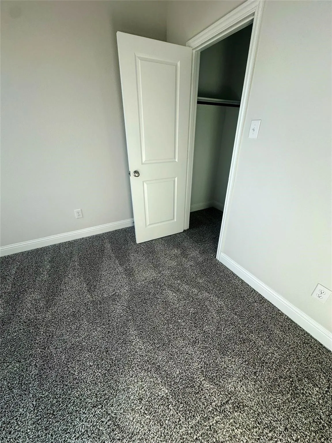 Plush gray carpeting, light gray wall paint, white baseboards, and a white paneled door with a brushed nickel doorknob