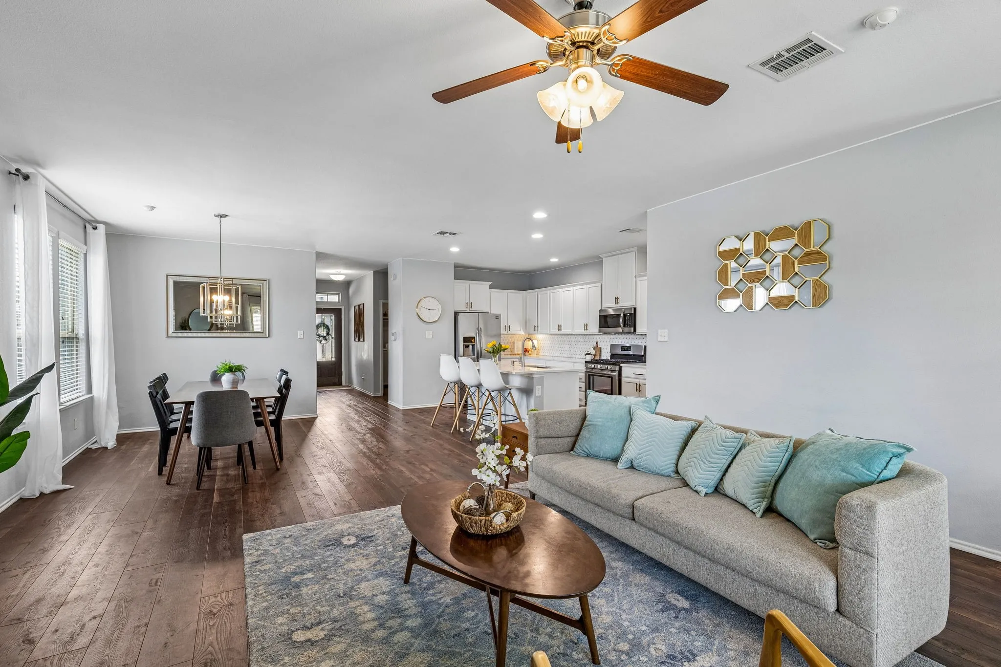 open living, dining, kitchen