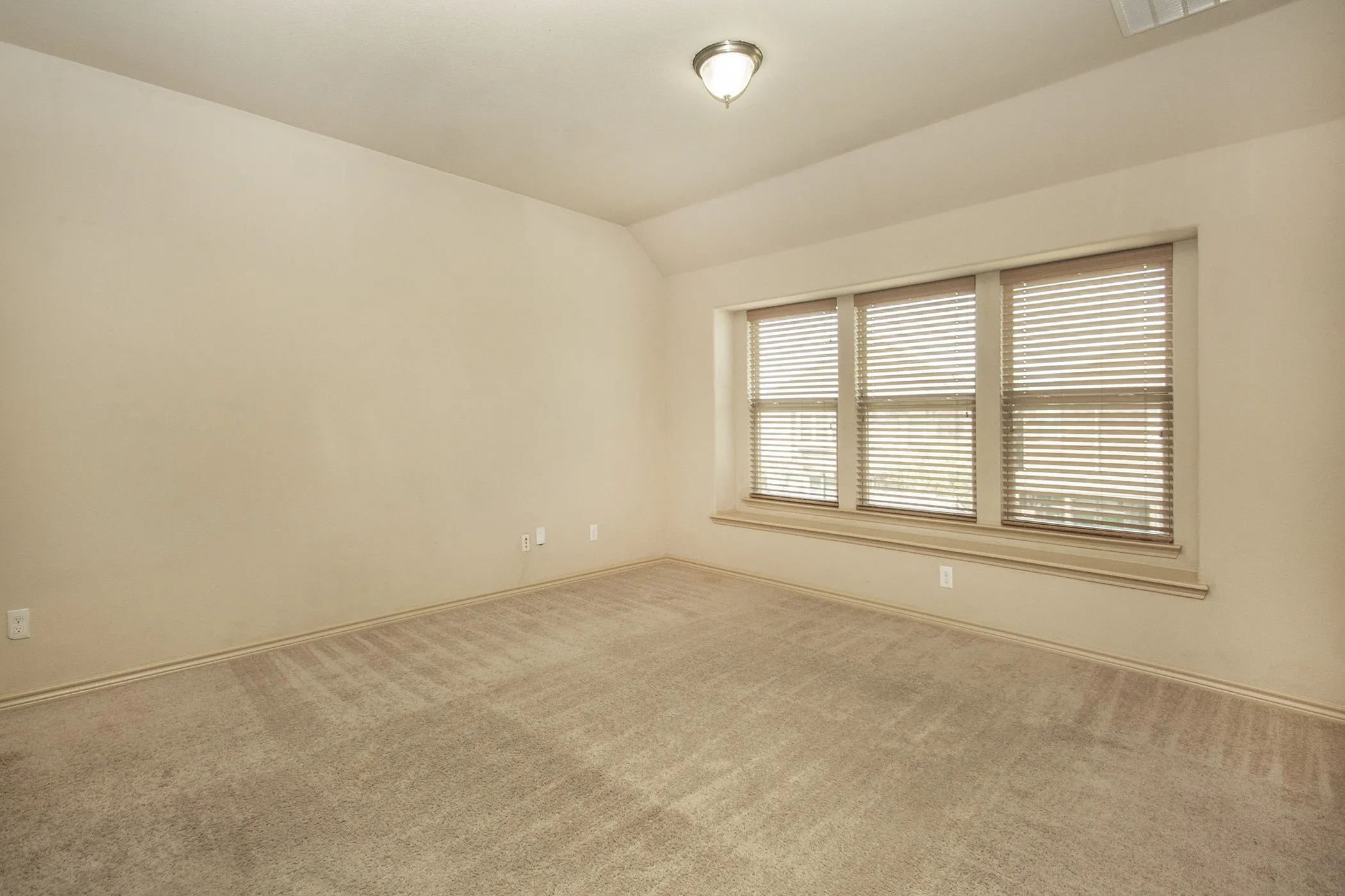 Wall-to-wall carpeting, multiple windows with blinds, and a semi-flush mount ceiling light fixture