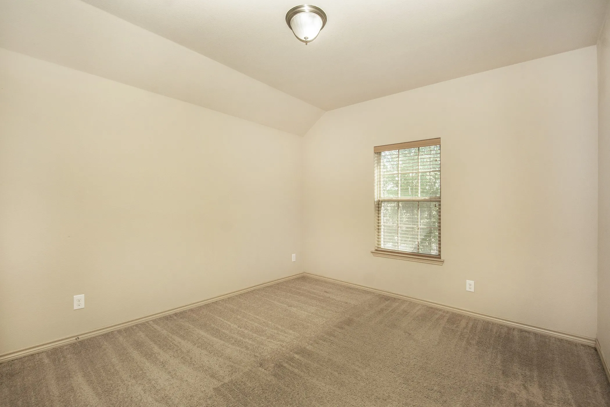 Carpeted flooring, neutral wall color, window with blinds, and ceiling-mounted light fixture