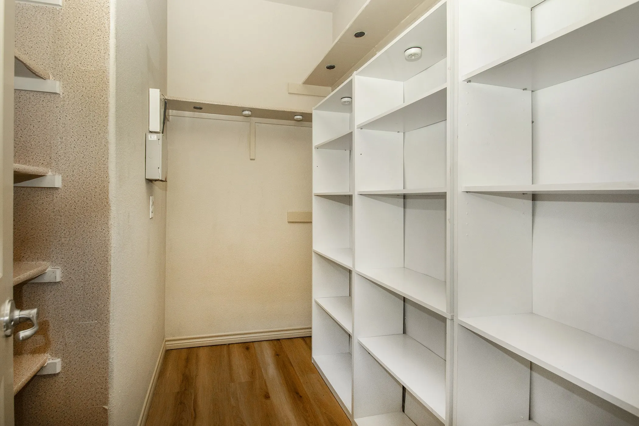 Large Second Primary Bedroom Closet with Built-in shelving, wood-finish flooring, recessed lighting, and an integrated hanging rod
