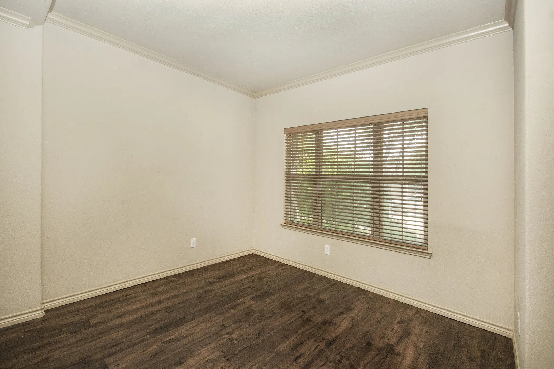 Room with wood-finish flooring, a window with horizontal blinds, and crown molding