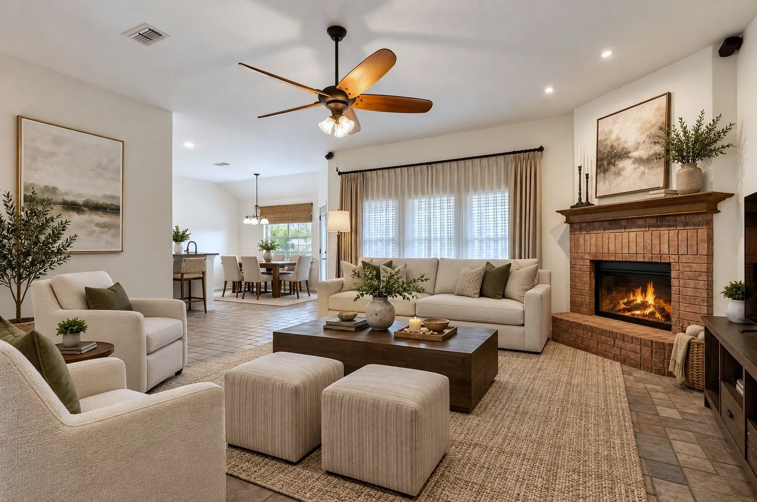 Warm Brick Fireplace Anchors A Light-Filled Living Room