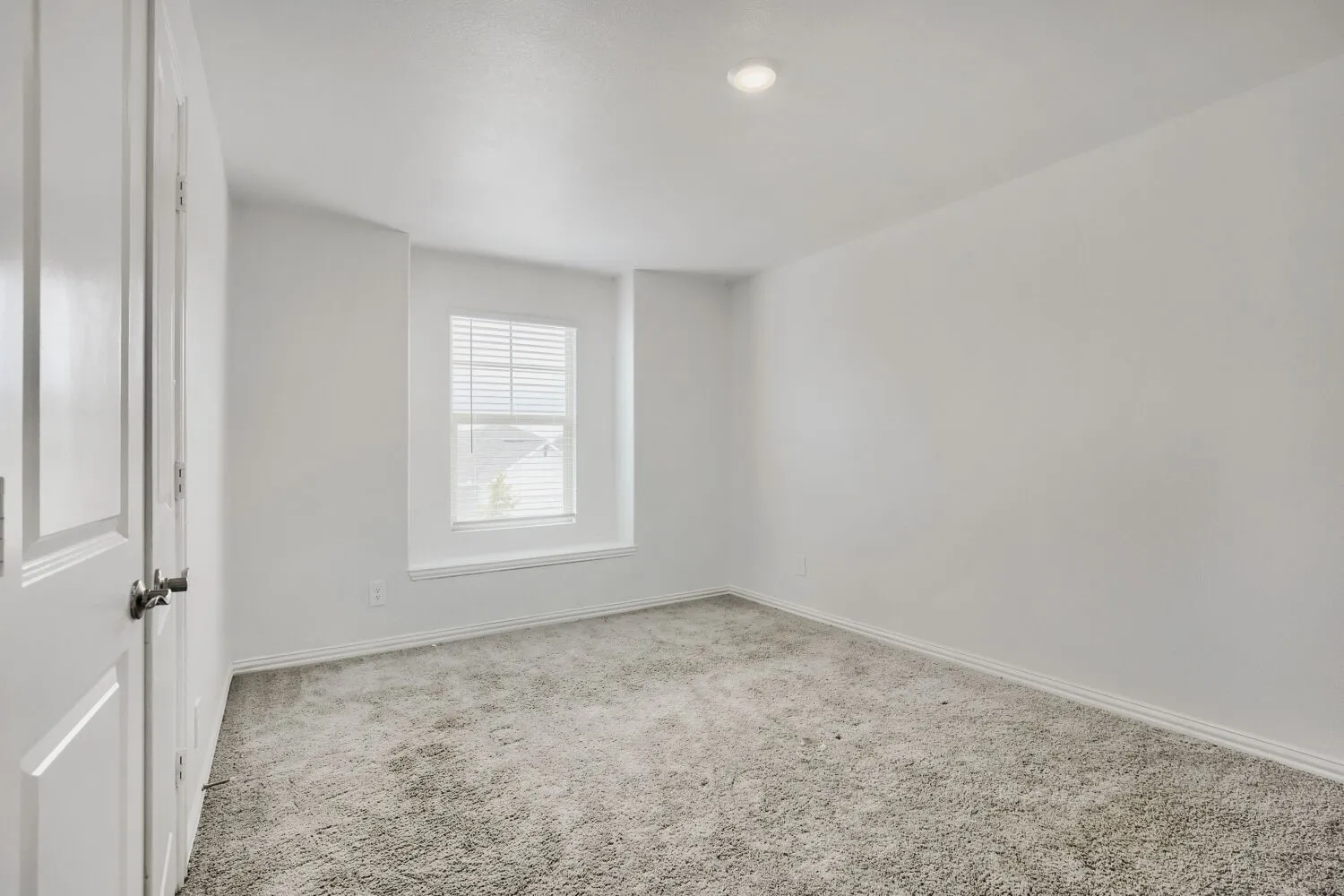 Bright room featuring plush gray carpeting, white walls, and a recessed ceiling light