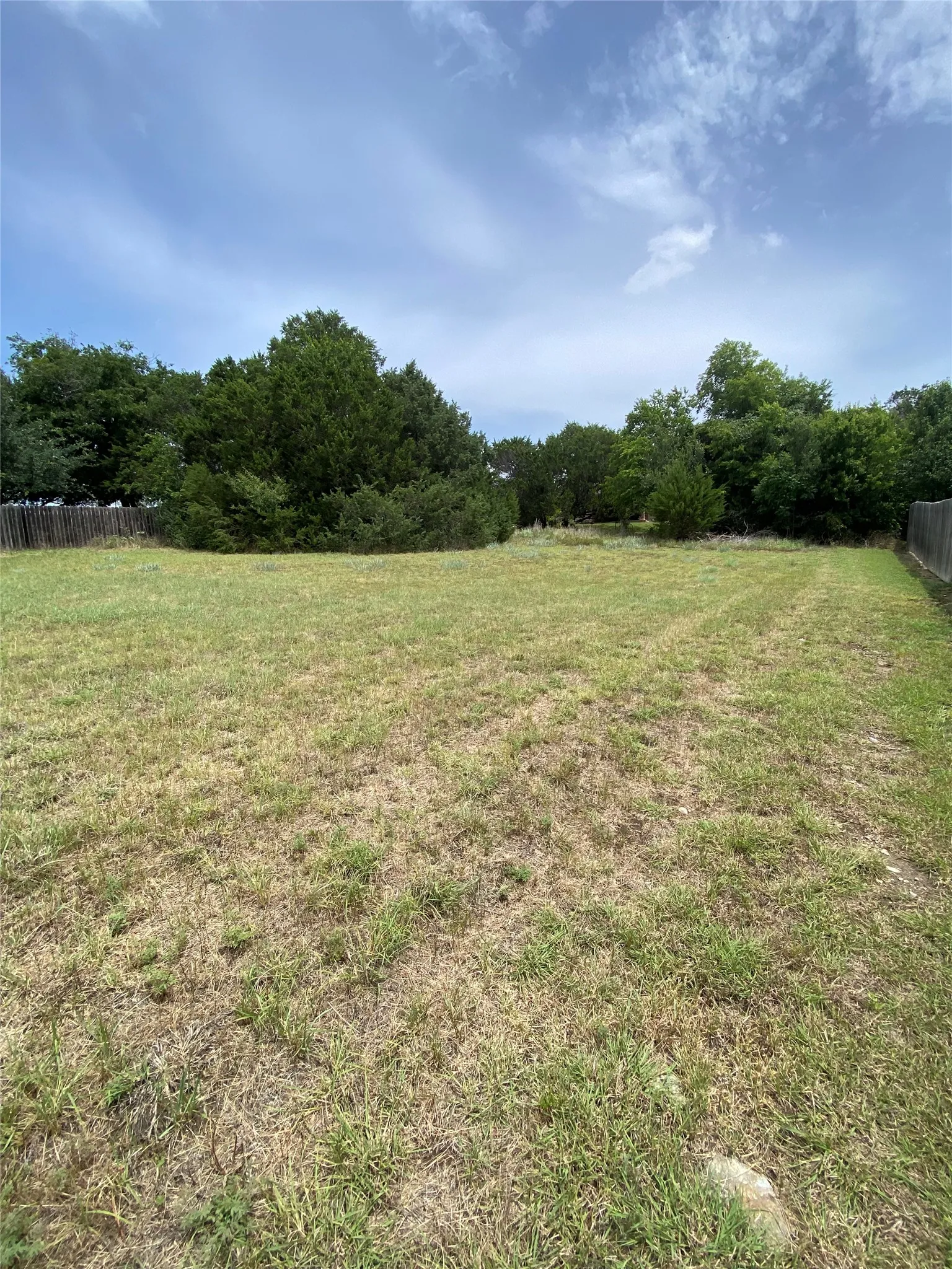 Expansive open lot featuring mature trees along the perimeter and a partial privacy fence