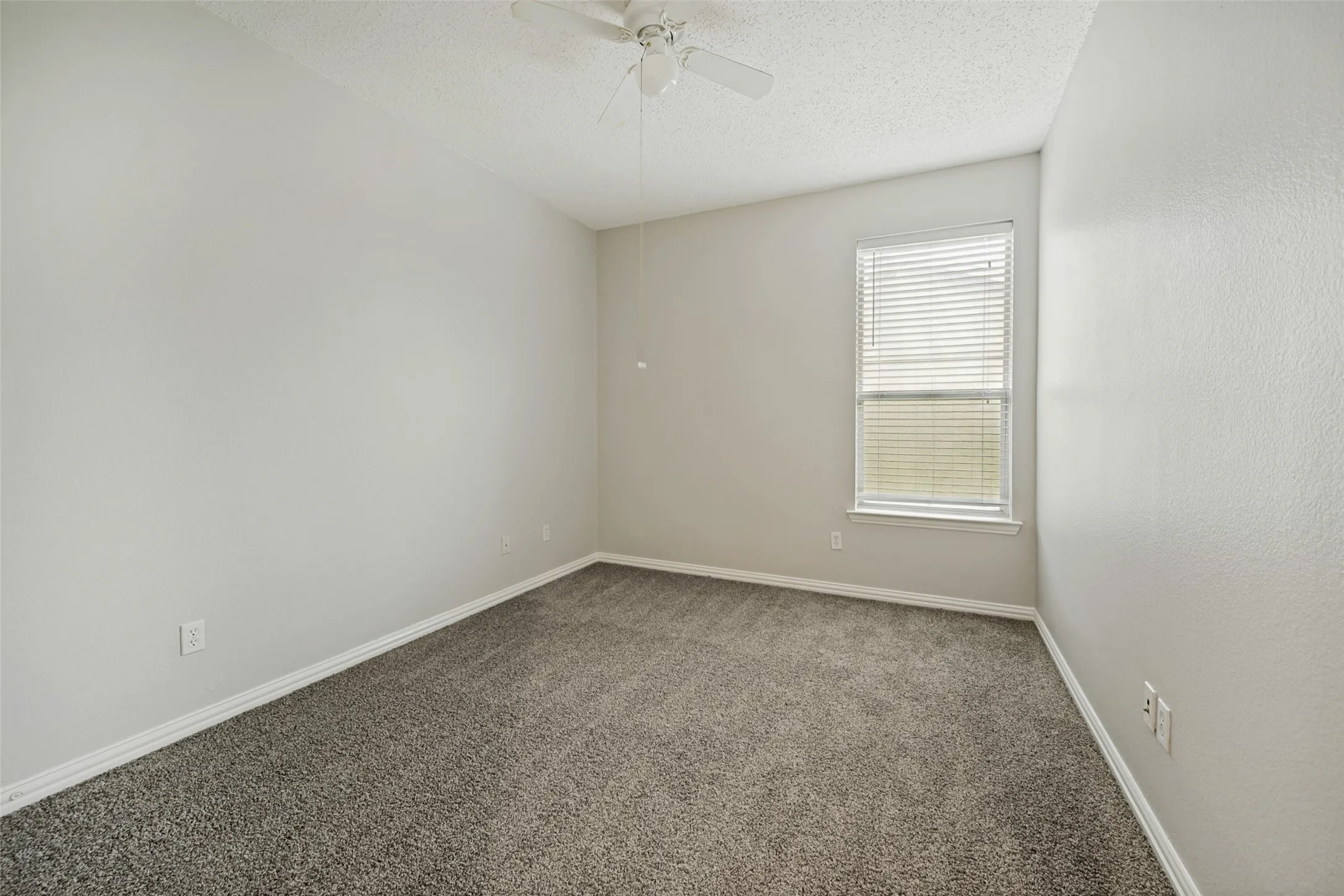 Carpeted room with a ceiling fan, a window with blinds, and light-toned walls