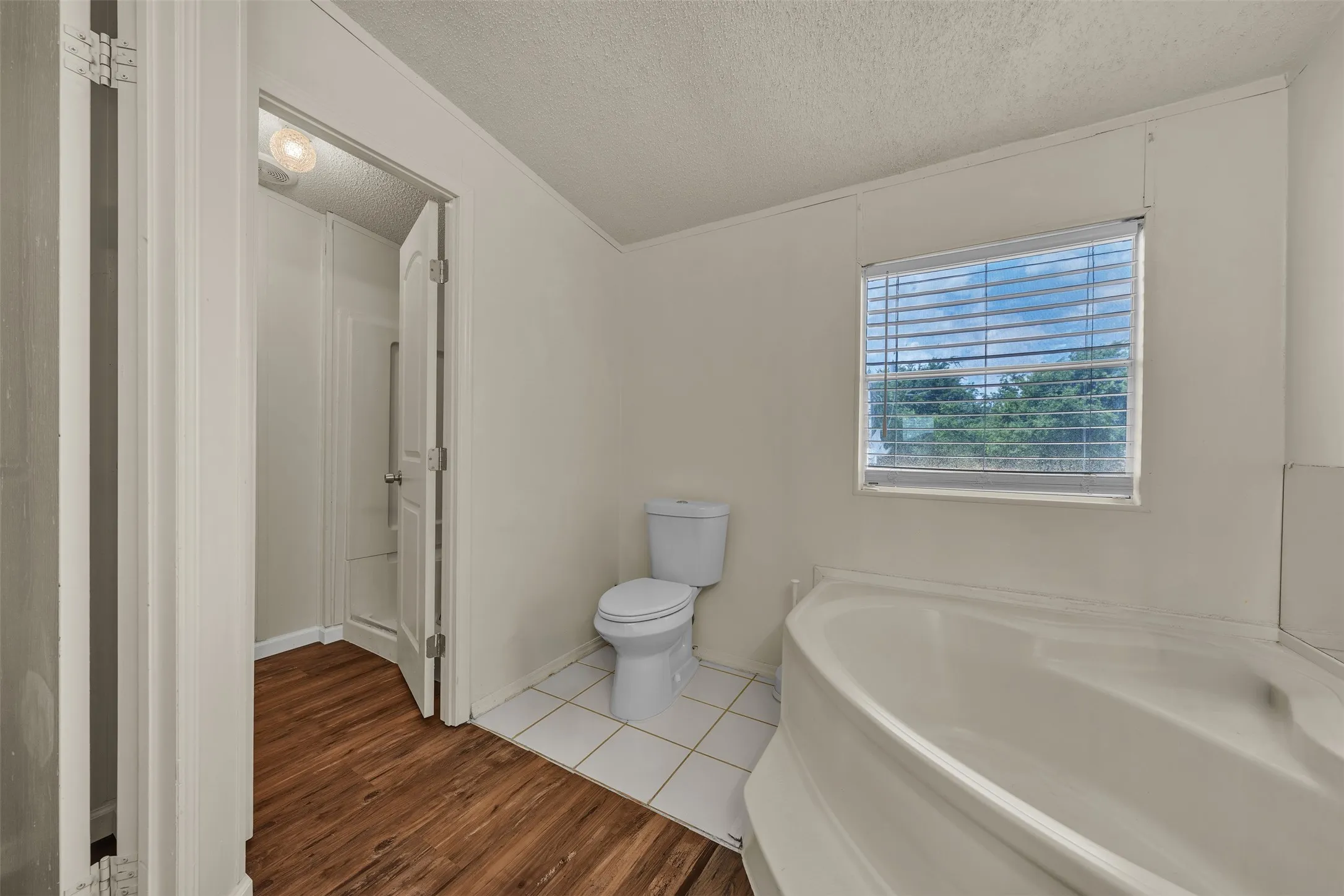 Garden tub, door to seperate shower and another door to the walk in closet.