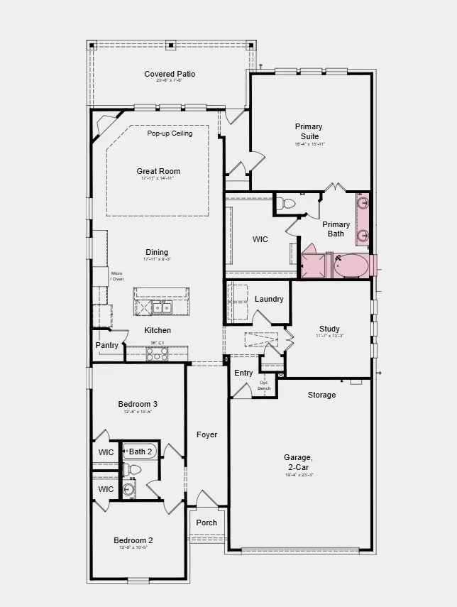 Floor Plan - Additional Highlights Include: slide-in tub in the primary bath, gas drop at patio, and upgraded mahogany front door