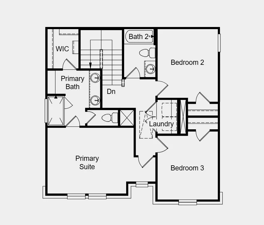 Second Floor Plan -  Additional Highlights Include: obscure window in the primary bathroom, gas drop for outdoor use, 8' front door, and brick front porch