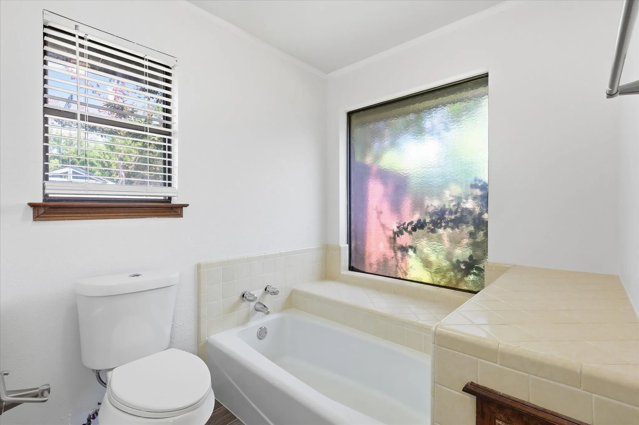 Primary suite offers a separate shower and a garden tub beneath a large picture window.