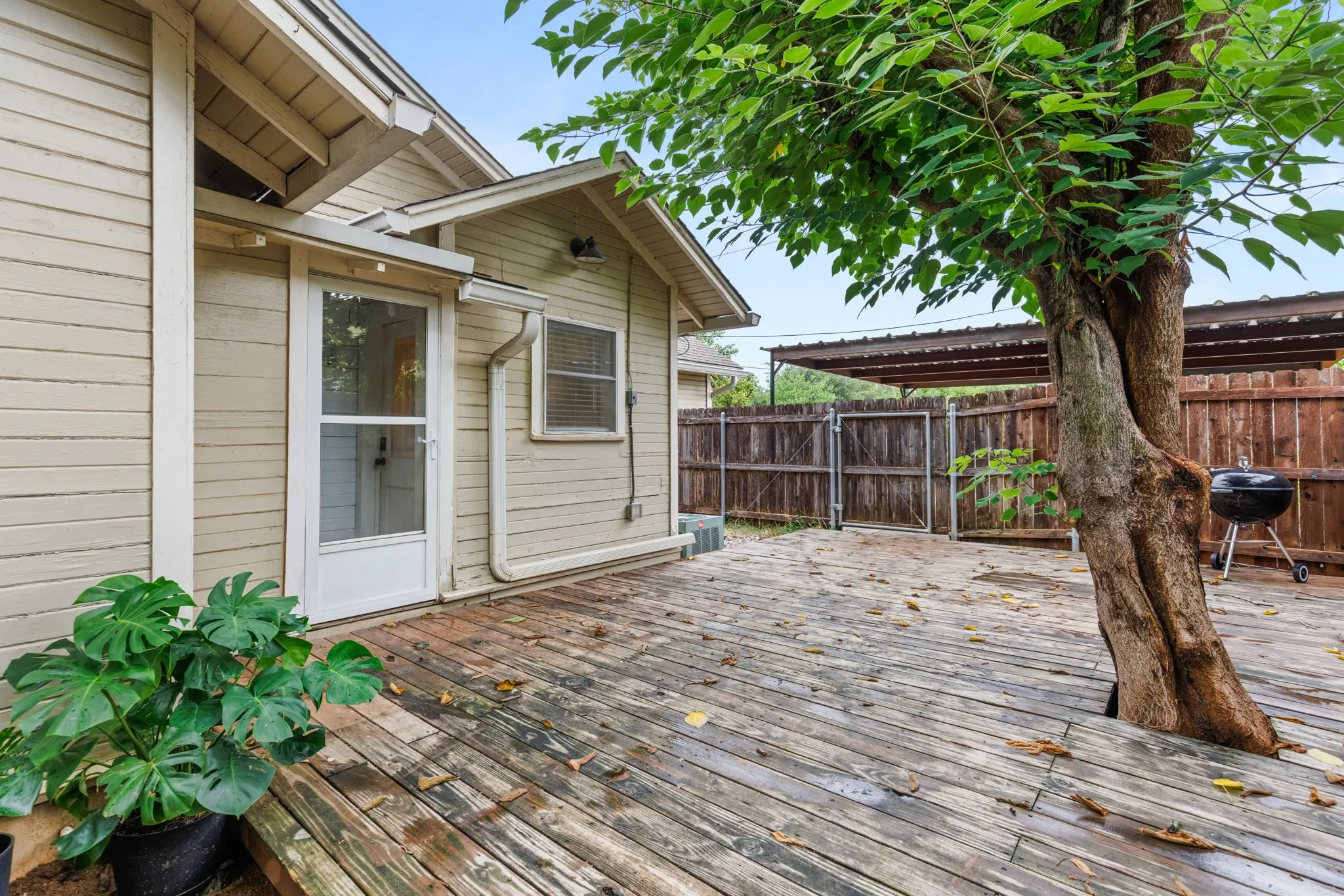 Expansive wood deck with direct exterior access, featuring a mature tree and a perimeter wood fence