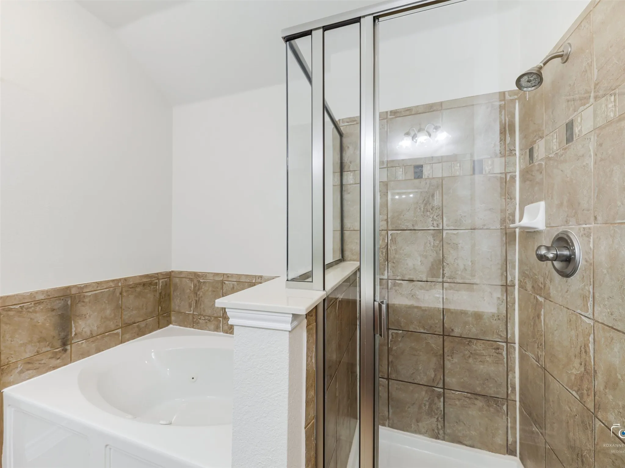 Full-size shower with glass enclosure and a built-in tub with tile surround