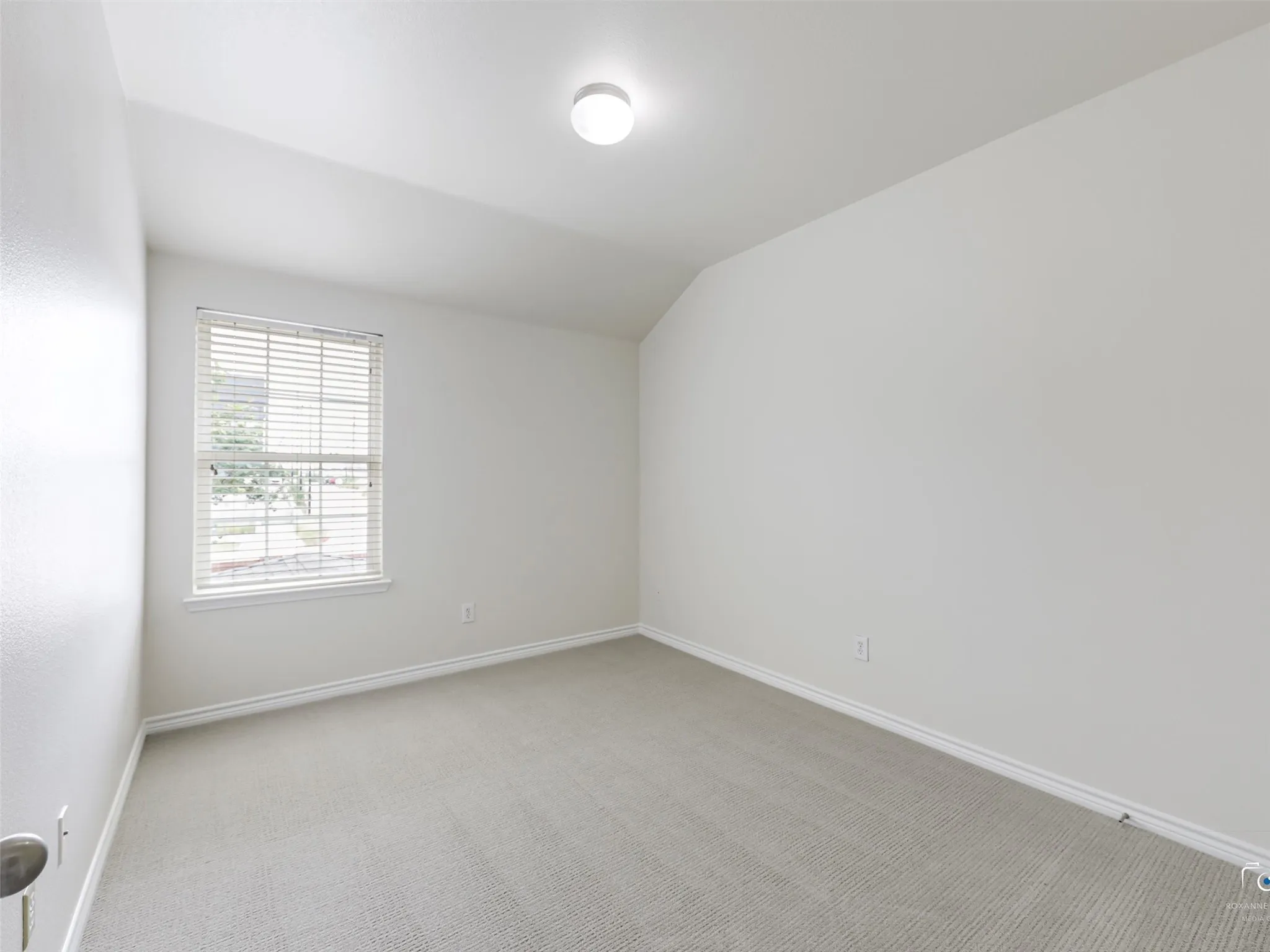 Carpeted room featuring a single window with blinds, white walls, and a ceiling-mounted light fixture