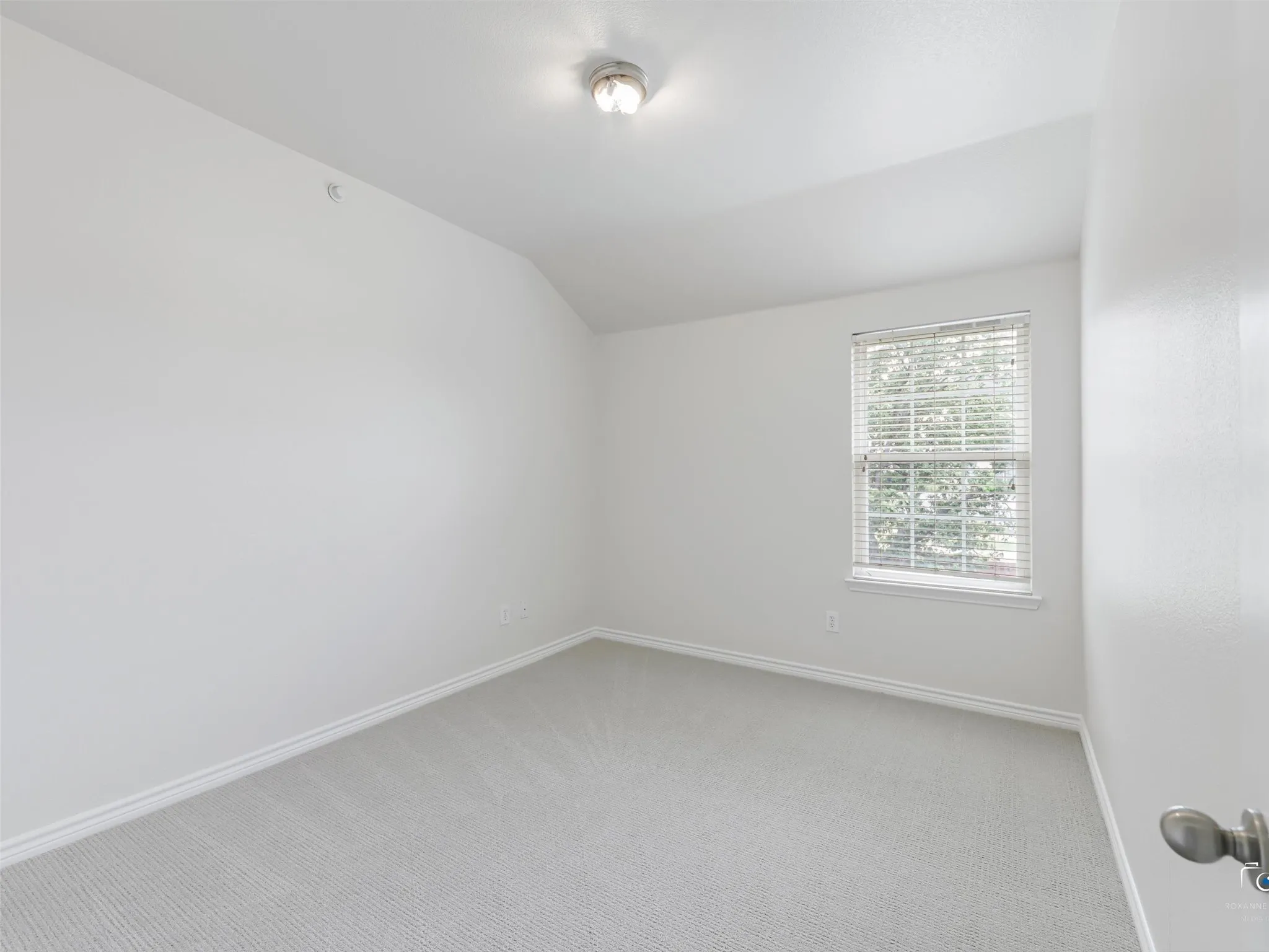 Bright interior space featuring a window with blinds, light-toned carpet, white baseboards, and a flush-mount ceiling light