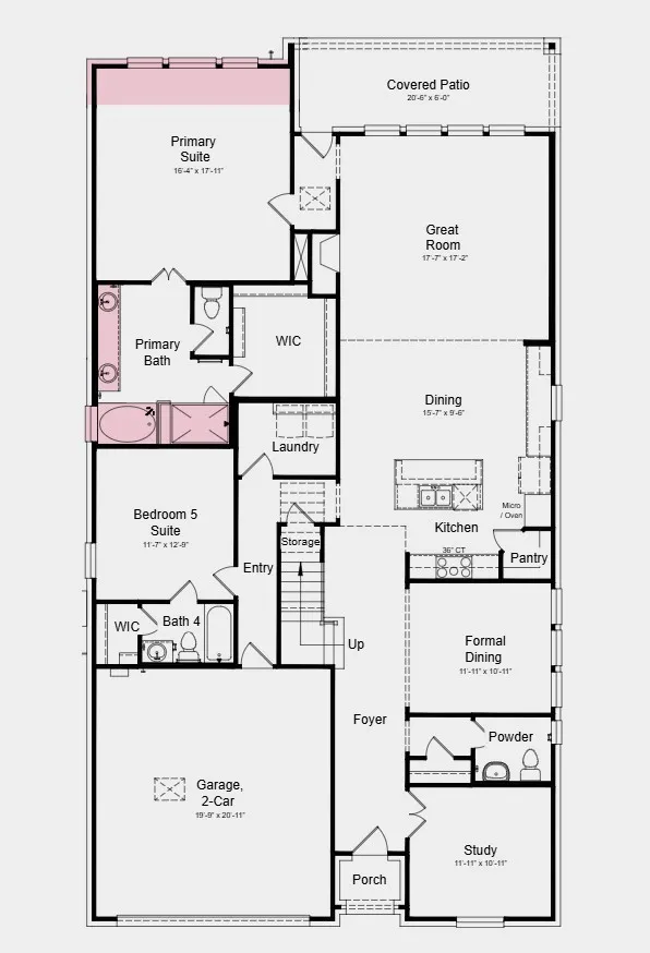 First Floor Plan - Additional Highlights Include: slide-in tub in the primary bath, extended primary suite, shower in place of tub in bathrooms 3 and 4, and upgraded cabinets, countertops, flooring and carpet