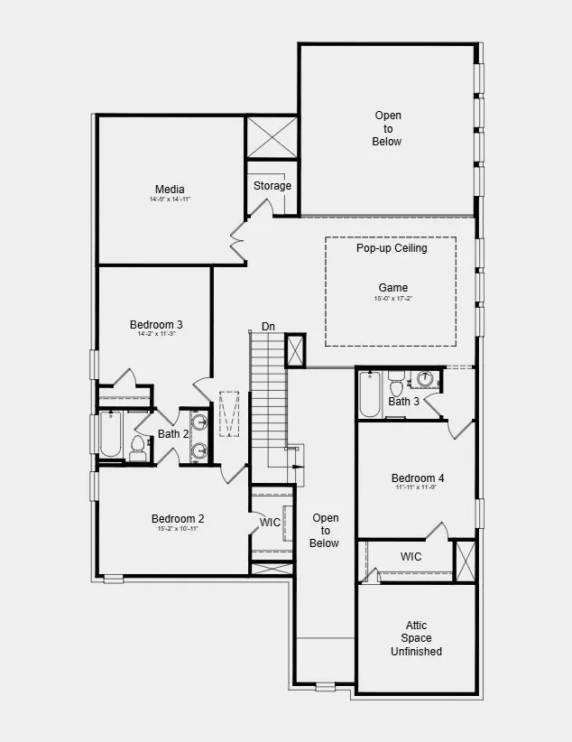 Second Floor Plan - Additional Highlights Include: slide-in tub in the primary bath, extended primary suite, shower in place of tub in bathrooms 3 and 4, and upgraded cabinets, countertops, flooring and carpet