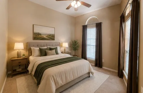 VIRTUALLY STAGED.  Primary Bedroom with Neutral Palette and Layered LightingThis serene bedroom features warm beige walls, a upholstered bed frame with coordinating bedding, and dual nightstands with table lamps providing ambient lighting