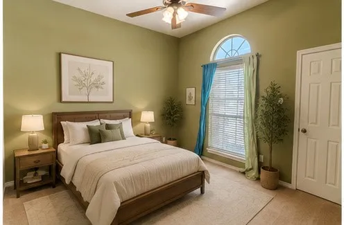 VIRTUALLY STAGED. Serene bedroom showcasing soft sage-green walls, wood-frame bed with upholstered headboard, dual bedside tables with integrated lighting, arched transom window with blue drapery, ceiling fan with light fixture, and neutral carpet flooring throughout