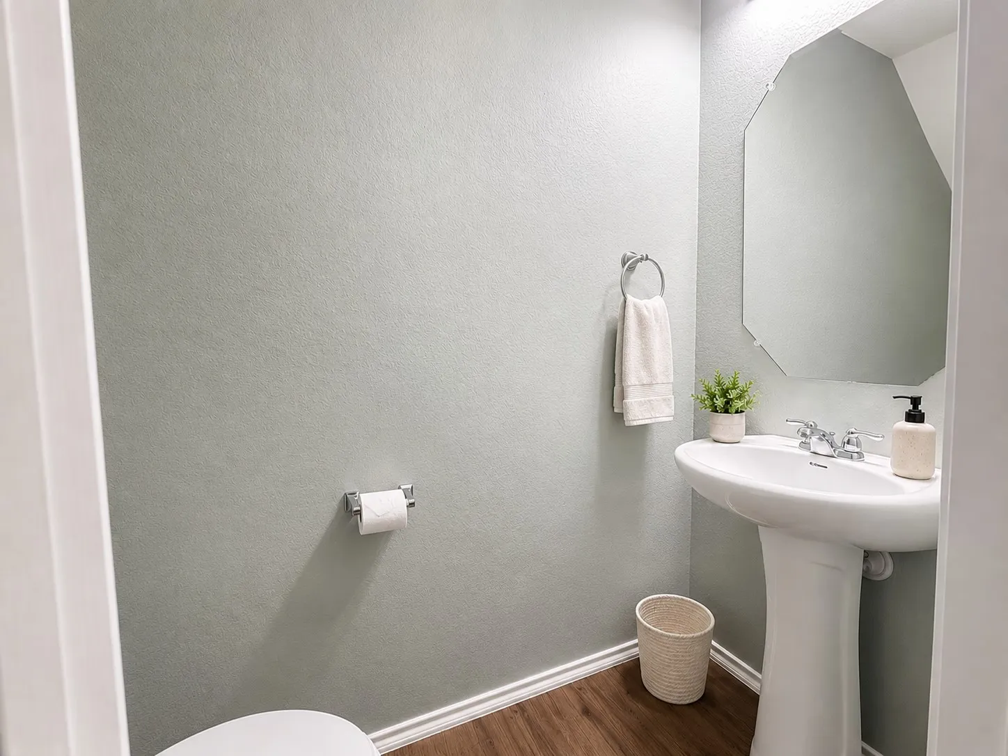 Pedestal sink with chrome faucet, octagonal wall-mounted mirror, and wood-finish flooring