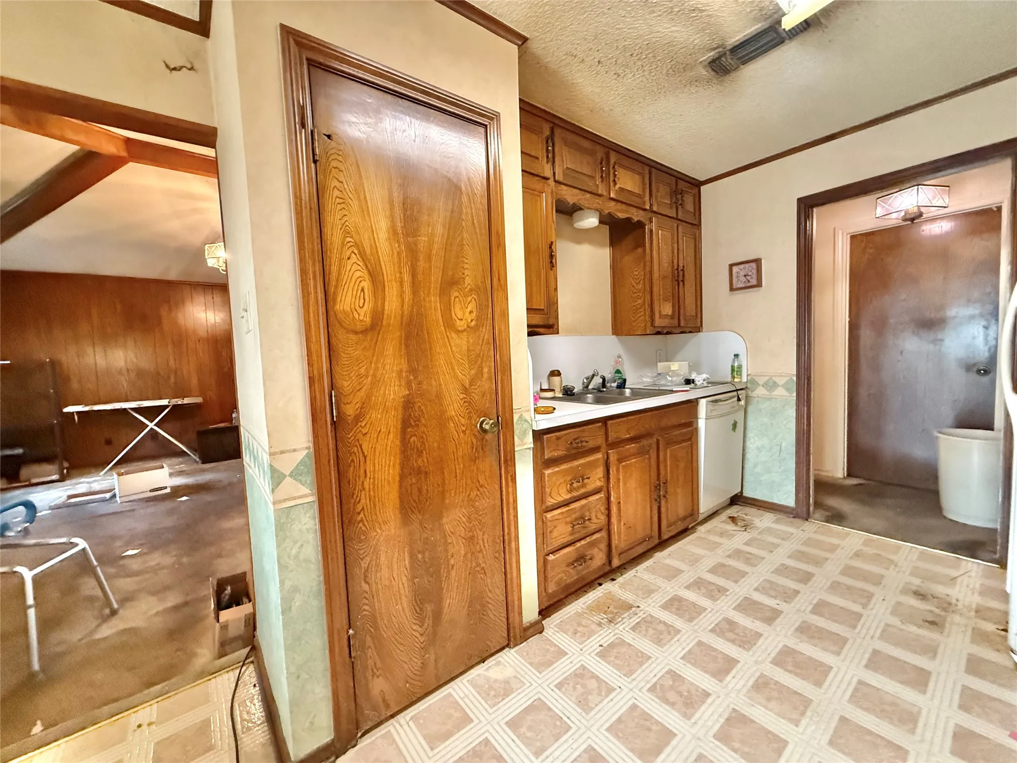 Kitchen area featuring wood-finish cabinetry, a single basin sink, and an integrated dishwasher