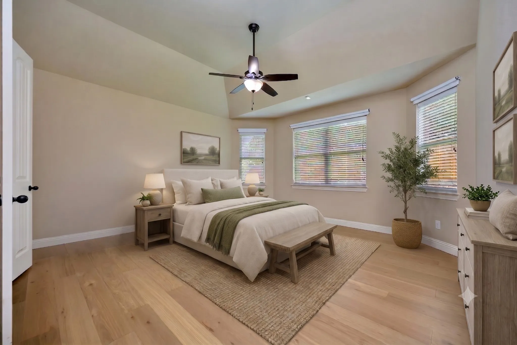 Vaulted ceilings with a ceiling fan, wood-finish flooring, and multiple windows with blinds Virtual Staging