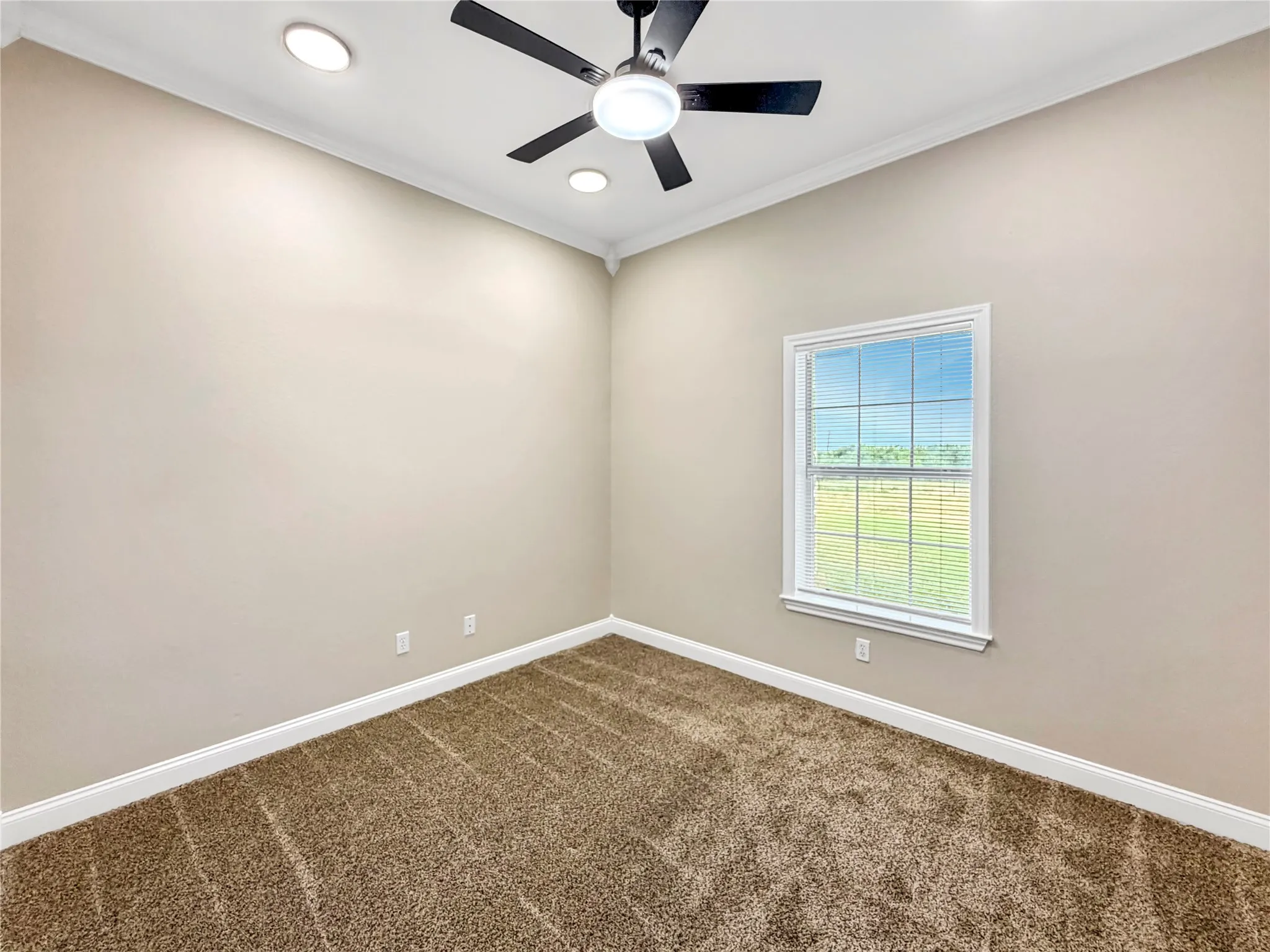 Neutral tone walls with crown molding and white trim