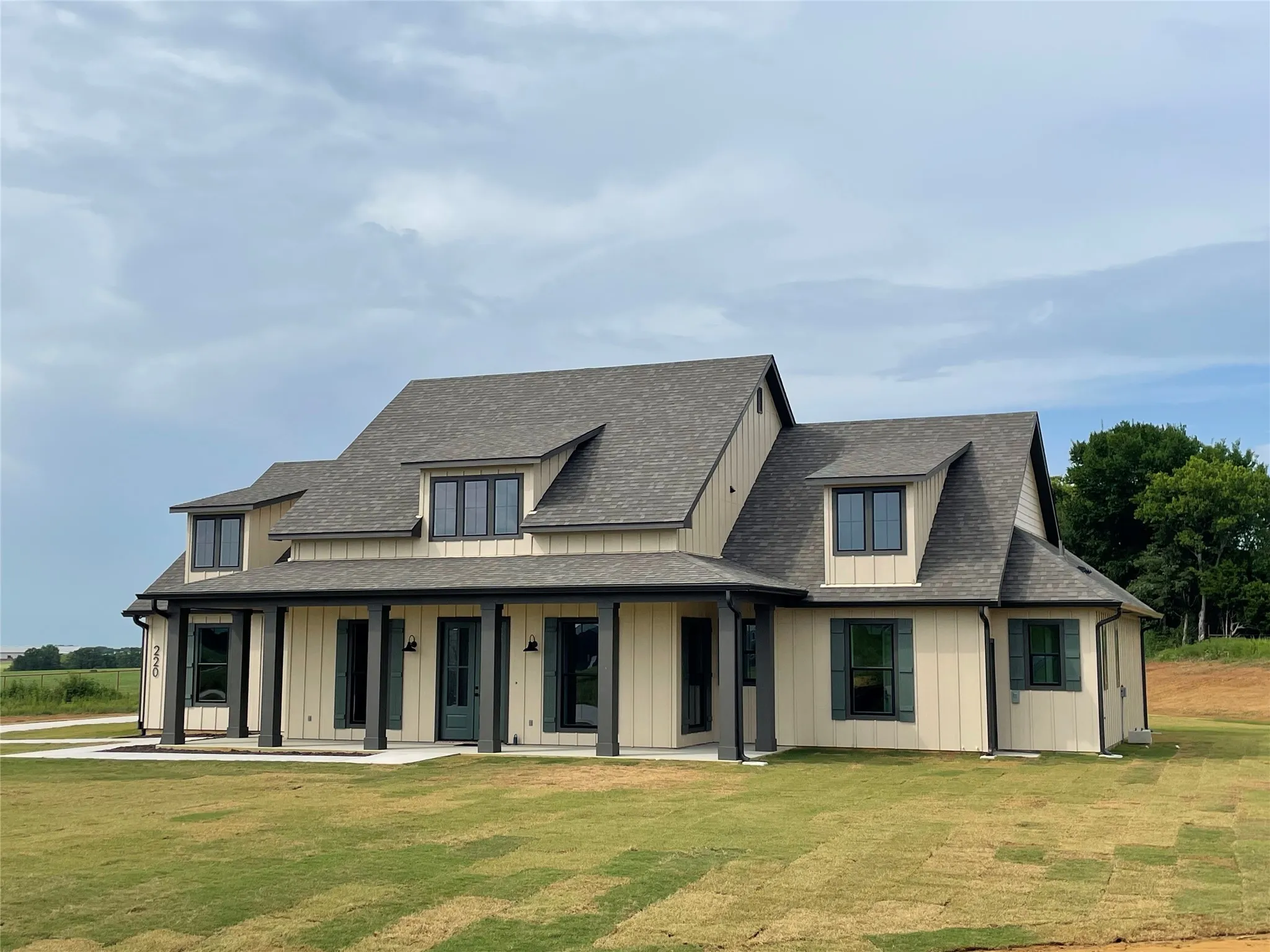 Contemporary farmhouse exterior with board and batten siding