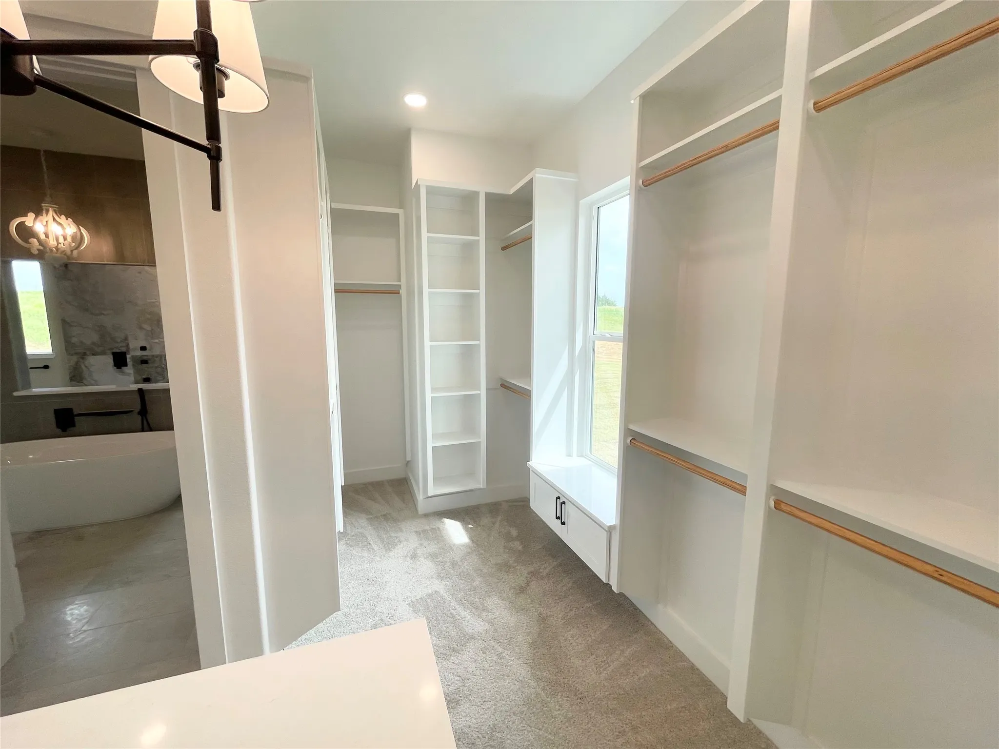 Walk-in closet featuring extensive built-in shelving, hanging rods, an integrated window seat with storage, and carpet flooring