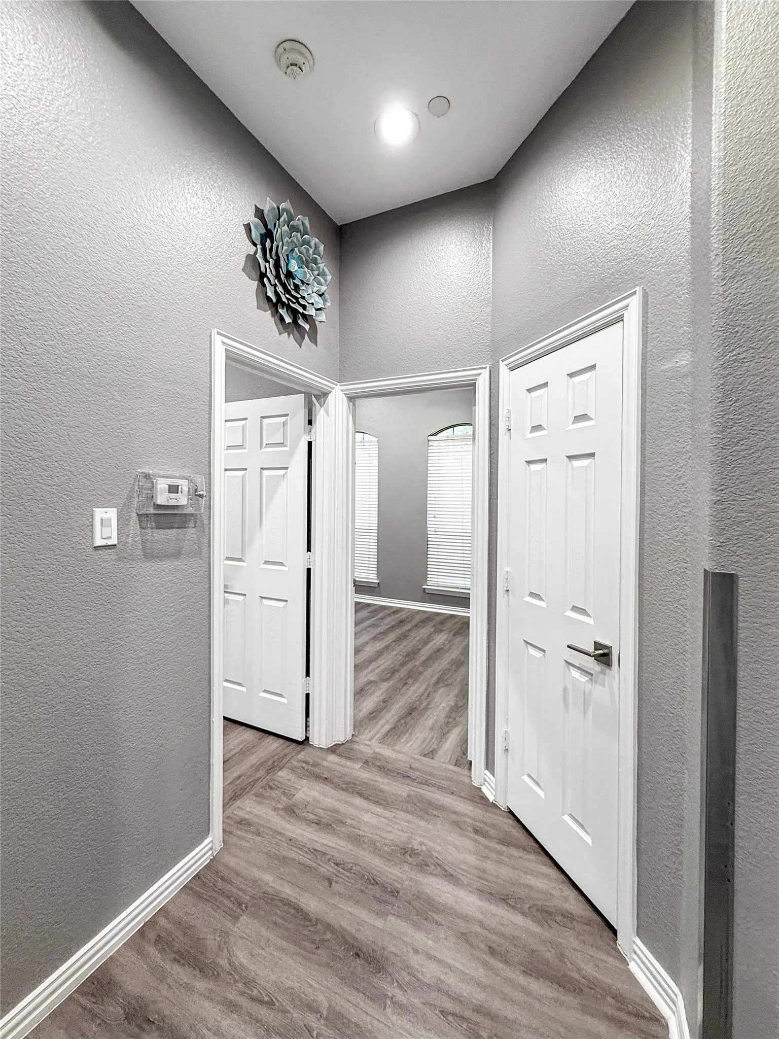 Hallway featuring wood-finish flooring, light gray walls, white baseboards, and multiple paneled doors